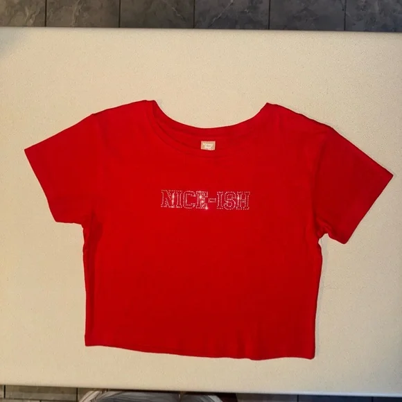 Spring Break Messy Bun Rhinestone Graphic Crop Tee Red Size L 100% Cotton - Picture 3 of 7